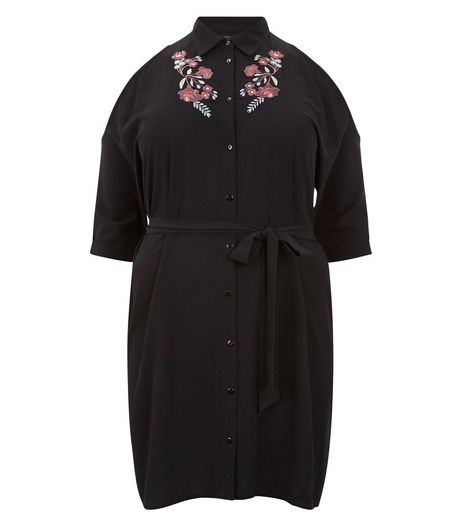 Curves Black Embroidered Cold Shoulder Dress | New Look