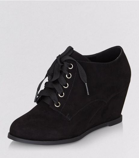 Teens Black Suedette Lace Up Wedge Ankle Boots | New Look