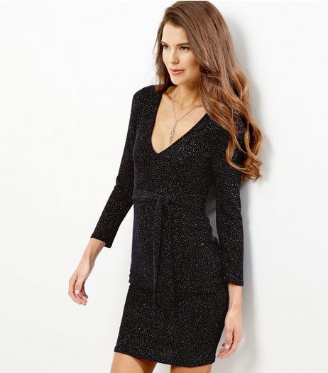 Navy Glitter Metallic Belted Bodycon Dress | New Look