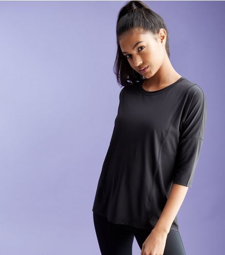 Black Mesh Panel Half Sleeve Sports T-Shirt | New Look