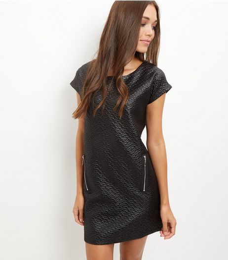 Blue Vanilla Black Leather-Look Textured Shift Dress | New Look