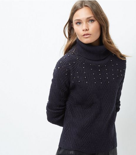 Blue Vanilla Navy Embellished Turtle Neck Jumper | New Look