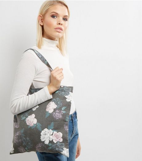 Grey Floral Print Canvas Tote Bag | New Look