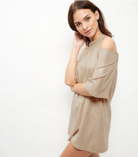 Cameo Rose Gold Cold Shoulder Shimmer Dress | New Look