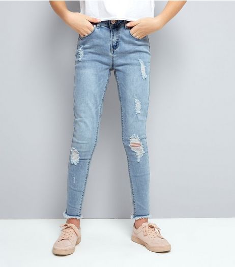 Teens Pale Blue Ripped Fray Hem Skinny Jeans | New Look