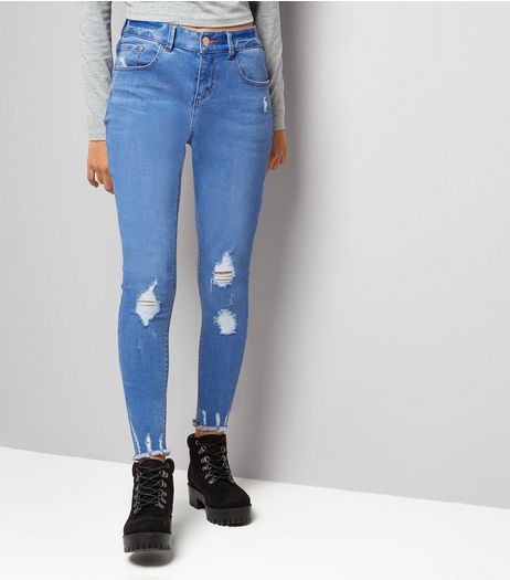 Teens Bright Blue Ripped Fray Hem Skinny Jeans | New Look