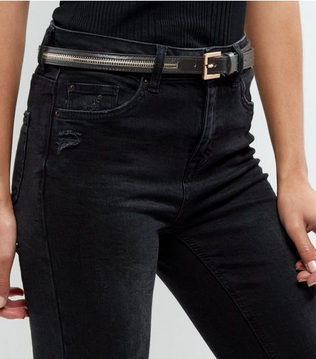 Black Zip Trim Skinny Belt | New Look