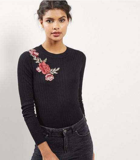Black Ribbed Floral Embroidered Top | New Look