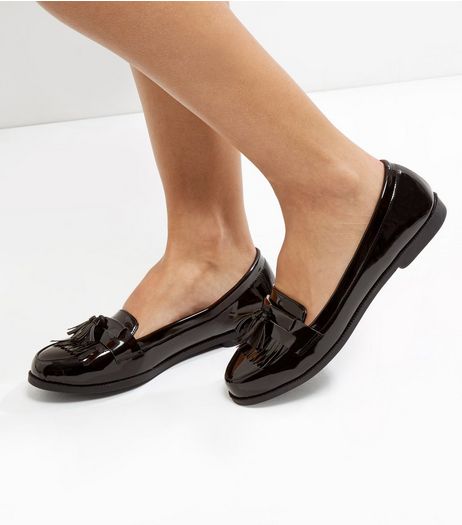 Black Patent Tassel Front Loafers | New Look