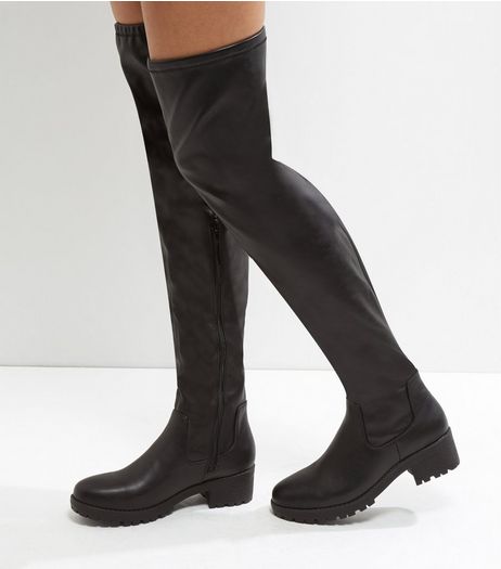 Black Chunky Cleated Sole Over The Knee Boots | New Look