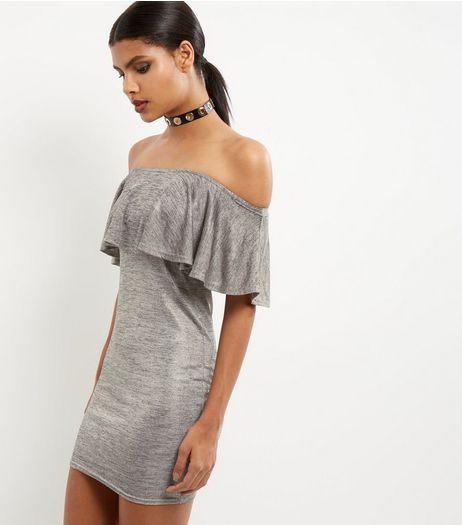 Gold Foil Bardot Neck Dress | New Look