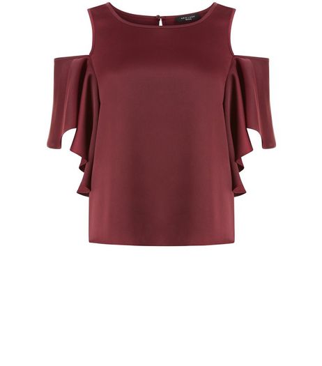 Petite Burgundy Sateen Frill Cold Shoulder Top | New Look