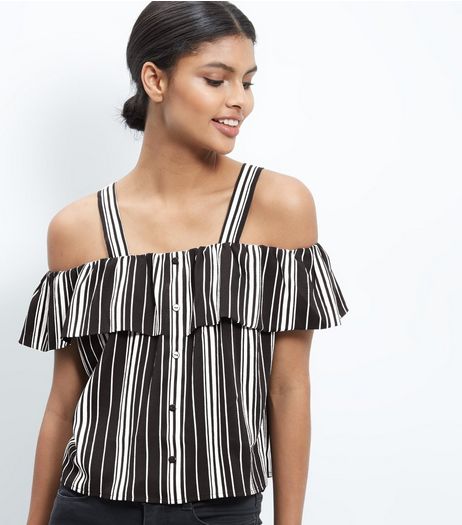 Cameo Rose Black Stripe Cold Shoulder Top | New Look