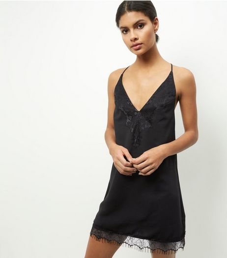 Cameo Rose Black Sateen Lace Hem Dress | New Look