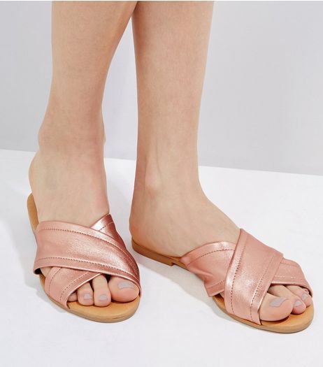 Rose Gold Leather Cross Strap Mules | New Look