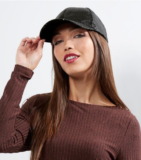 Black Sequin Cap | New Look