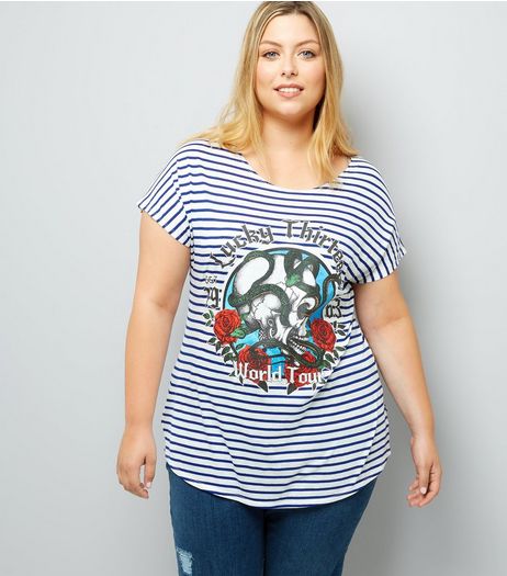 Curves Navy Stripe Lucky Thirteen T-Shirt | New Look
