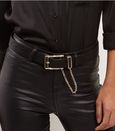Black Leather-Look Gold Chain Jeans Belt | New Look