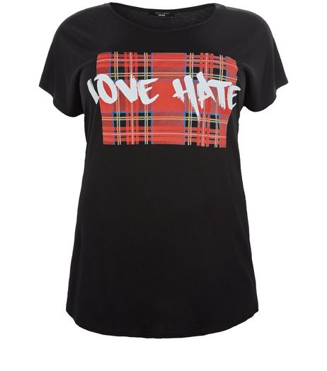 Curves Black Love Hate Check Print Panel T-Shirt | New Look