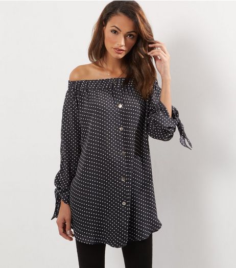 Cameo Rose Black Polka Dot Print Bardot Dress | New Look