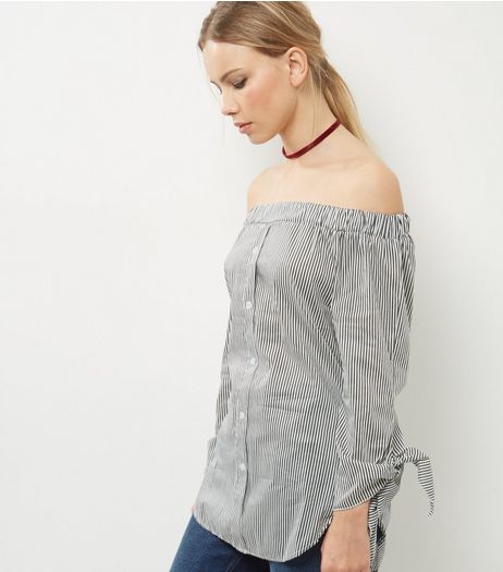 Black Stripe Tie Sleeve Bardot Top | New Look