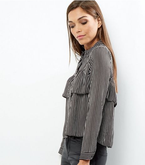 Cameo Rose Black Striped Frill Trim Long Sleeve Shirt | New Look