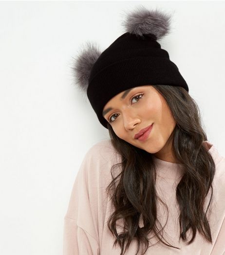 Black Faux Fur Pom Pom Beanie | New Look