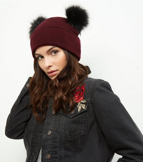 Burgundy Faux Fur Pom Pom Beanie | New Look