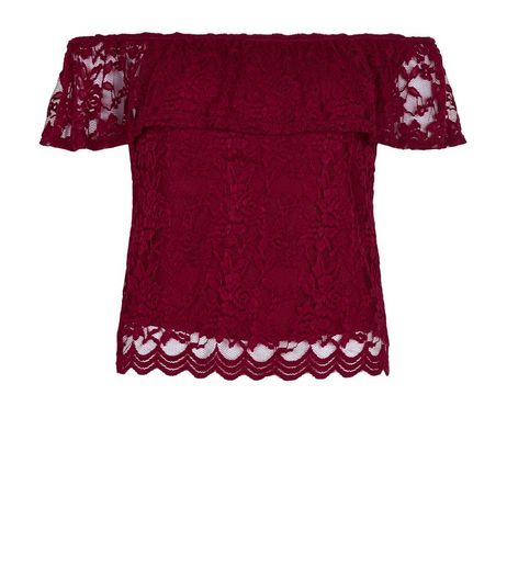 Petite Burgundy Lace Bardot Neck Frill Trim Top | New Look