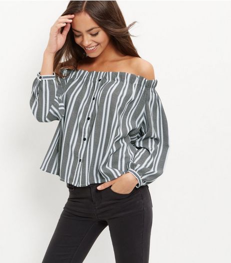 Blue Stripe Long Sleeve Bardot Neck Top | New Look