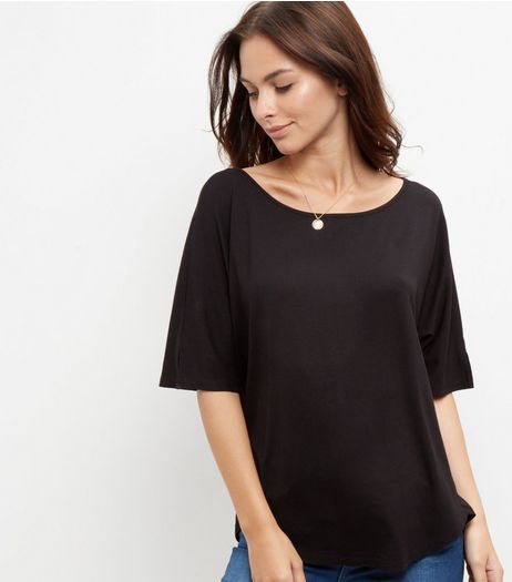 Black Oversized Button Back T-Shirt | New Look