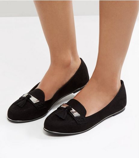 Black Suedette Metal Trim Tassel Front Loafers | New Look