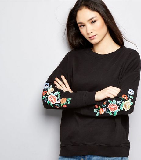 Black Floral Embroidered Long Sleeve Sweater | New Look