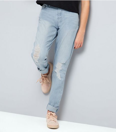 Teens Blue Ripped Knee Rolled Hem Skinny Jeans | New Look