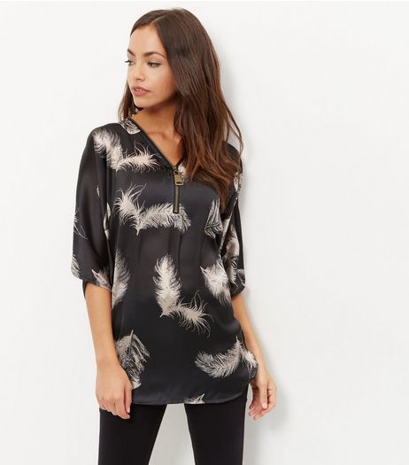 Apricot Black Feather Print Batwing Sleeve Top | New Look