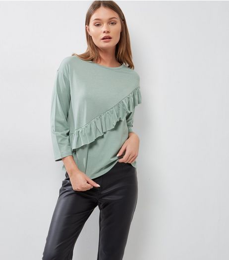 Green Diagonal Frill Trim 3/4 Sleeve T-Shirt | New Look