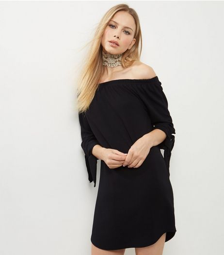 Black Tie Sleeve Bardot Neck Dress | New Look