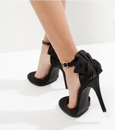 Black Satin Frill Trim Ankle Strap Heels | New Look
