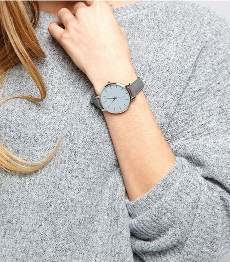 Grey Leather-Look Skinny Strap Watch | New Look