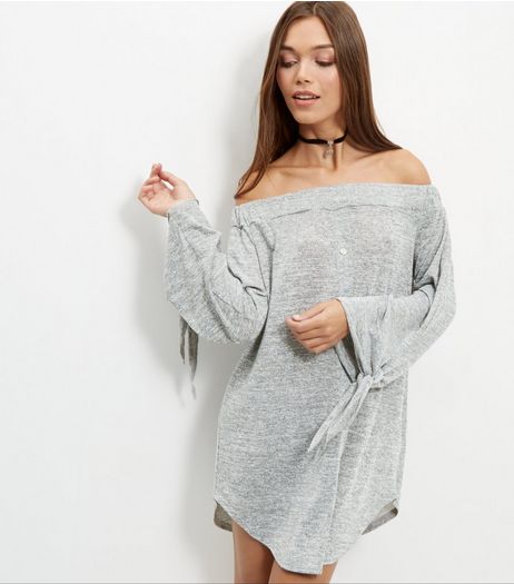 Cameo Rose Grey Fine Knit Bardot Dress | New Look