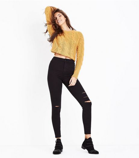 Black Super High Waist Super Skinny Ripped Knee Hallie Jeans | New Look
