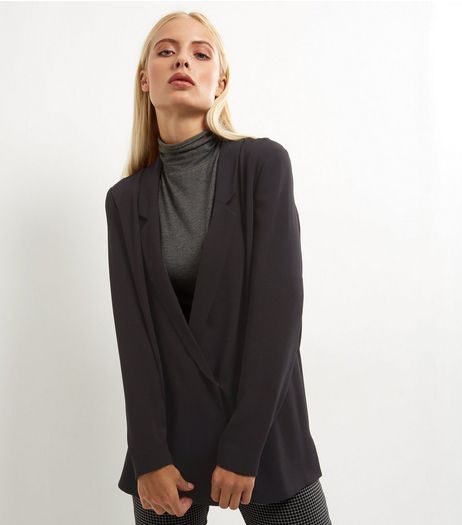 Black Crepe Wrap Front Blazer | New Look