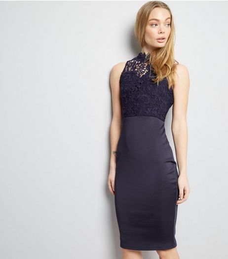 AX Paris Navy Lace Neck Midi Dress | New Look