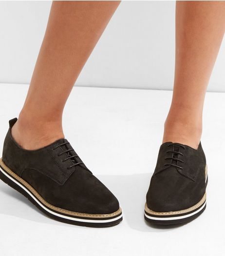 Black Suede Lace Up Contrast Trim Shoes | New Look