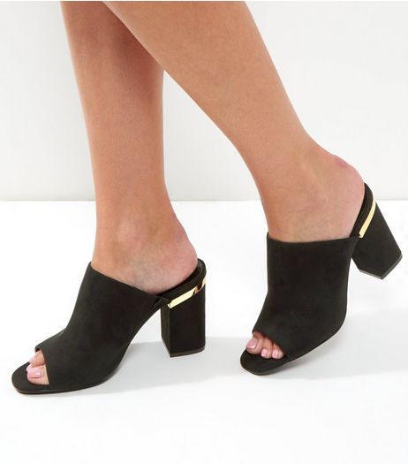 Black Suedette Metal Trim Heeled Mules | New Look