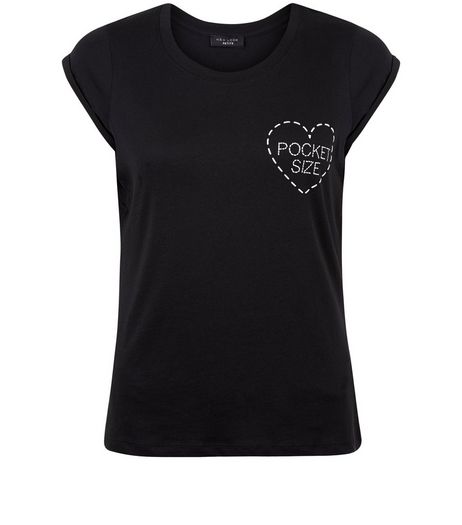 Petite Black Pocket Size Print T-Shirt | New Look