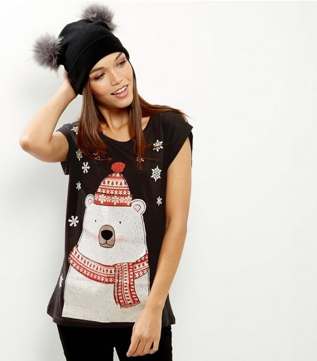 Black Christmas Polar Bear T-Shirt | New Look