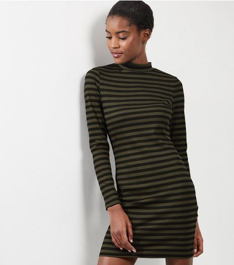 Green Stripe Funnel Neck Bodycon Dress | New Look
