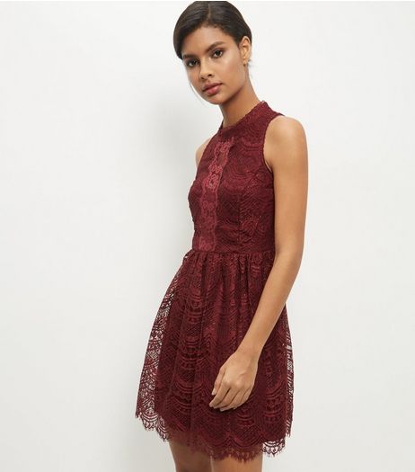 Blue Vanilla Burgundy Lace Skater Dress | New Look