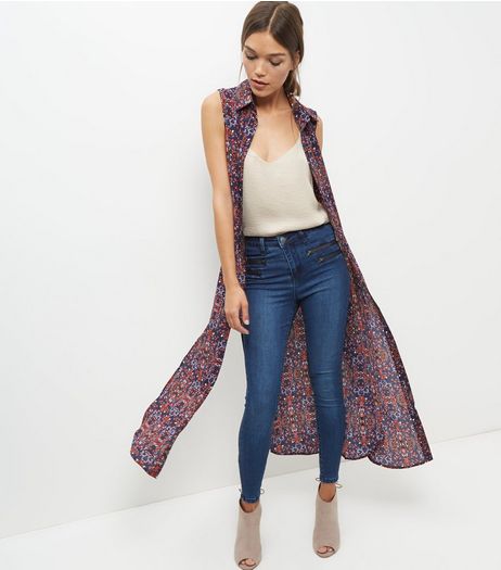 Blue Vanilla Abstract Print Sleeveless Longline Shirt | New Look